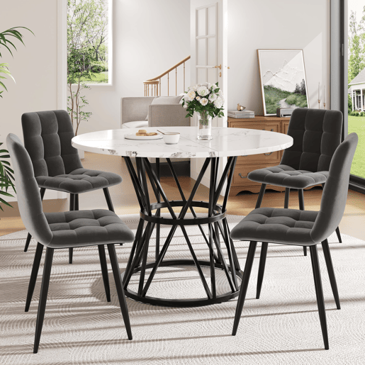 Conjunto de mesa e cadeiras 5 peças 100 cm - Mesa redonda com pernas metálicas pretas e cadeiras de veludo cinzento