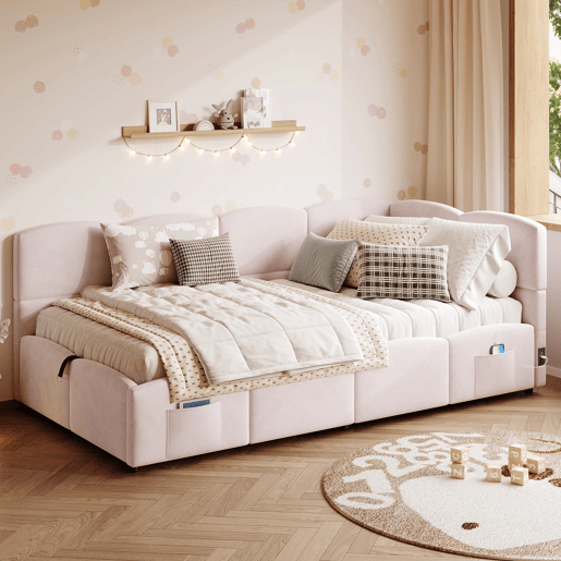 Cama estofada 90x200 cm - com estrado de ripas, USB, arrumação, rosa