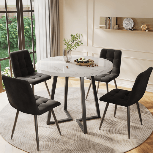 Conjunto de sala de jantar de 5 peças 80 cm - Mesa redonda com pernas metálicas pretas e cadeiras de veludo preto
