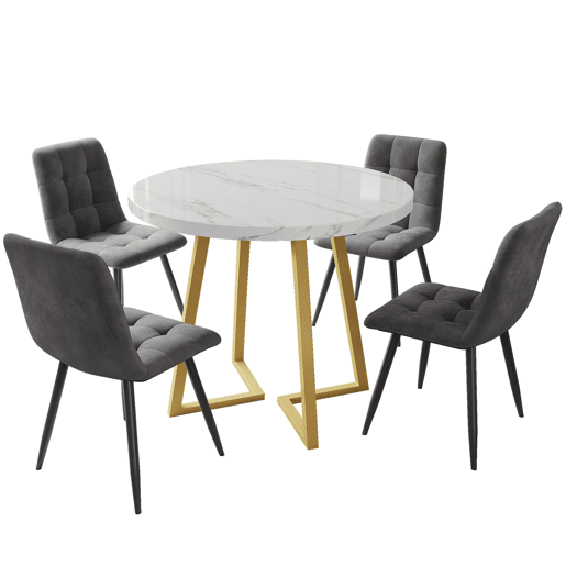 Conjunto de sala de jantar de 5 peças - Mesa redonda de 80 cm com pernas douradas - Branco e cinzento