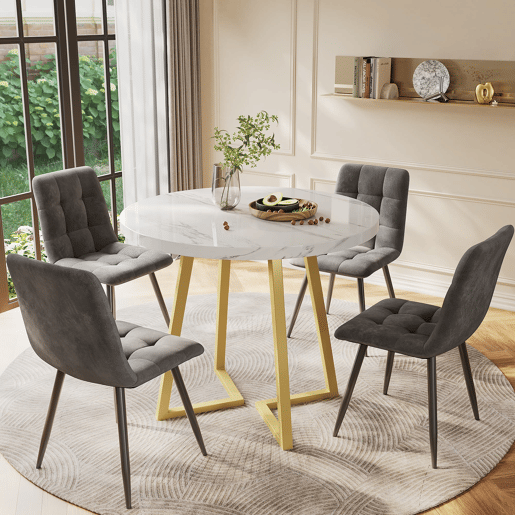 Conjunto de sala de jantar de 5 peças - Mesa redonda de 80 cm com pernas douradas - Branco e cinzento
