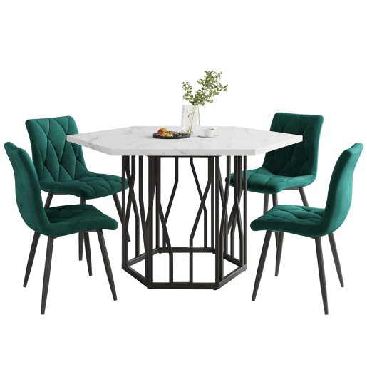Conjunto de sala de jantar de 5 peças - Mesa de jantar hexagonal em mármore + 4 cadeiras de jantar em veludo verde - BrancoVerde