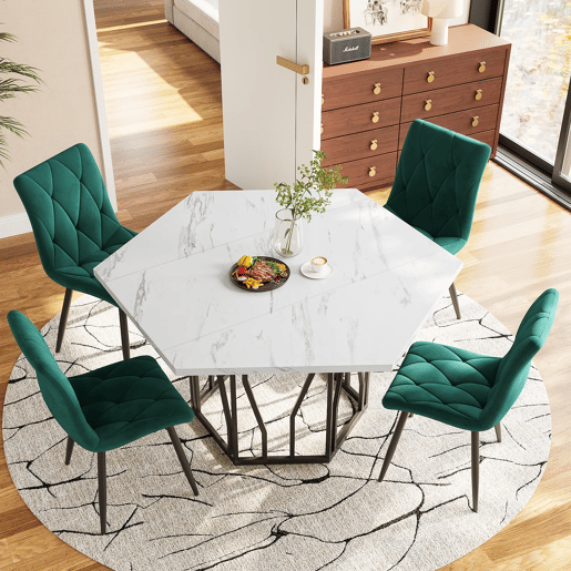 Conjunto de sala de jantar de 5 peças - Mesa de jantar hexagonal em mármore + 4 cadeiras de jantar em veludo verde - BrancoVerde