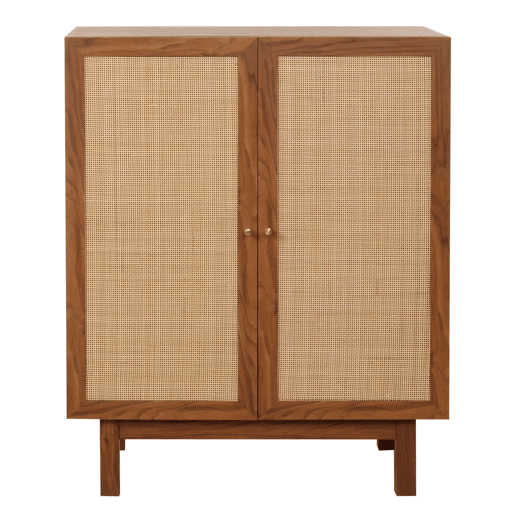 Buffet com 3 compartimentos de arrumação em madeira de mangueira kubu e rattan 98x79x42 cm acabamento em nogueira 04_0005980