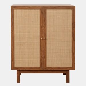Buffet com 3 compartimentos de arrumação em madeira de mangueira kubu e rattan 98x79x42 cm acabamento em nogueira 04_0005980