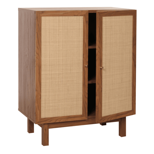 Buffet com 3 compartimentos de arrumação em madeira de mangueira kubu e rattan 98x79x42 cm acabamento em nogueira 04_0005980