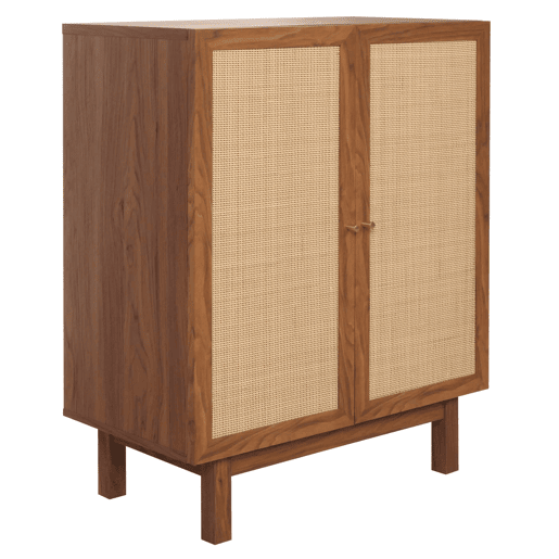 Buffet com 3 compartimentos de arrumação em madeira de mangueira kubu e rattan 98x79x42 cm acabamento em nogueira 04_0005980