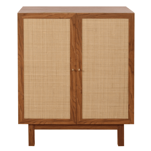 Buffet com 3 compartimentos de arrumação em madeira de mangueira kubu e rattan 98x79x42 cm acabamento em nogueira 04_0005980