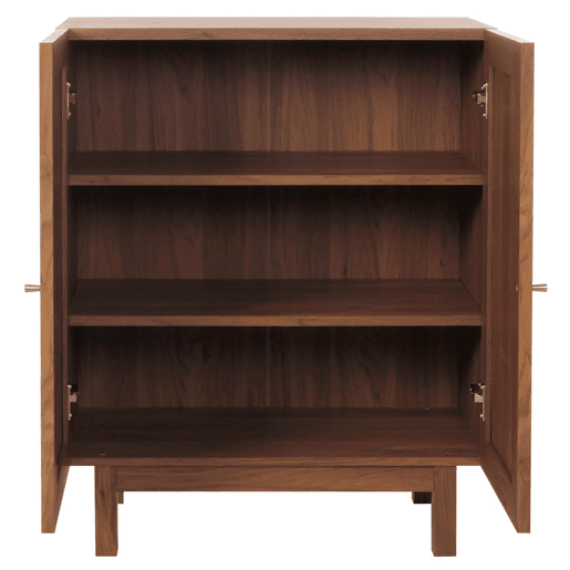 Buffet com 3 compartimentos de arrumação em madeira de mangueira kubu e rattan 98x79x42 cm acabamento em nogueira 04_0005980