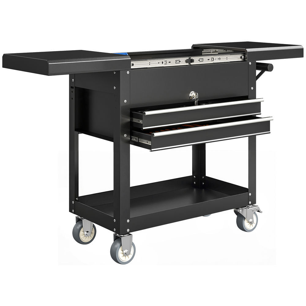 Homcom carro de herramientas con ruedas, carro de taller móvil con tapa deslizante, 2 cajones con cerradura, bandeja, caja de herramientas de acero, para taller, garaje, negro