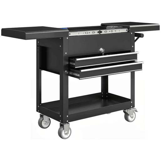 HOMCOM Carrinho de Ferramentas com Rodas Carrinho de Oficina Móvel com Tampa Deslizante 2 Gavetas com Fecho Bandeja Caixa de Ferramentas de Aço para Oficina Garagem 77,5u2013130x38x80 cm Preto