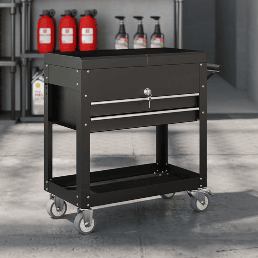 HOMCOM Carrinho de Ferramentas com Rodas Carrinho de Oficina Móvel com Tampa Deslizante 2 Gavetas com Fecho Bandeja Caixa de Ferramentas de Aço para Oficina Garagem 77,5u2013130x38x80 cm Preto