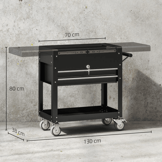 HOMCOM Carrinho de Ferramentas com Rodas Carrinho de Oficina Móvel com Tampa Deslizante 2 Gavetas com Fecho Bandeja Caixa de Ferramentas de Aço para Oficina Garagem 77,5u2013130x38x80 cm Preto