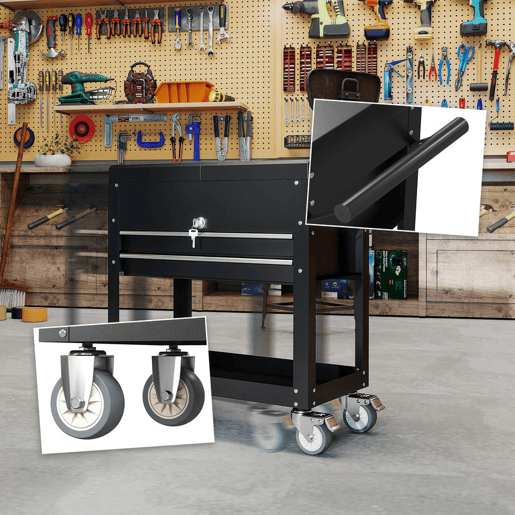 HOMCOM Carrinho de Ferramentas com Rodas Carrinho de Oficina Móvel com Tampa Deslizante 2 Gavetas com Fecho Bandeja Caixa de Ferramentas de Aço para Oficina Garagem 77,5u2013130x38x80 cm Preto
