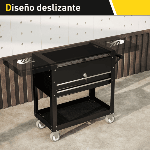 HOMCOM Carrinho de Ferramentas com Rodas Carrinho de Oficina Móvel com Tampa Deslizante 2 Gavetas com Fecho Bandeja Caixa de Ferramentas de Aço para Oficina Garagem 77,5u2013130x38x80 cm Preto