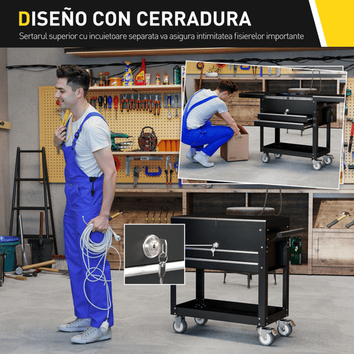 HOMCOM Carrinho de Ferramentas com Rodas Carrinho de Oficina Móvel com Tampa Deslizante 2 Gavetas com Fecho Bandeja Caixa de Ferramentas de Aço para Oficina Garagem 77,5u2013130x38x80 cm Preto