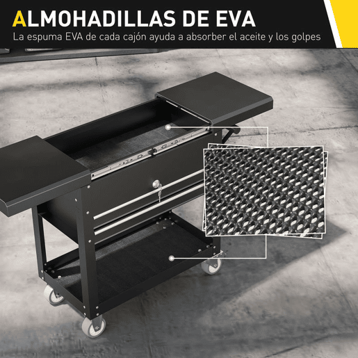 HOMCOM Carrinho de Ferramentas com Rodas Carrinho de Oficina Móvel com Tampa Deslizante 2 Gavetas com Fecho Bandeja Caixa de Ferramentas de Aço para Oficina Garagem 77,5u2013130x38x80 cm Preto