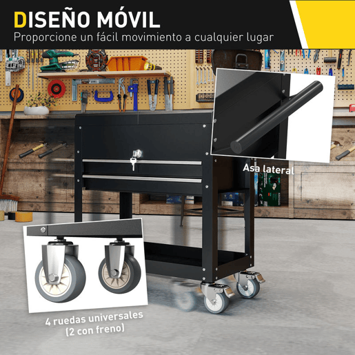 HOMCOM Carrinho de Ferramentas com Rodas Carrinho de Oficina Móvel com Tampa Deslizante 2 Gavetas com Fecho Bandeja Caixa de Ferramentas de Aço para Oficina Garagem 77,5u2013130x38x80 cm Preto