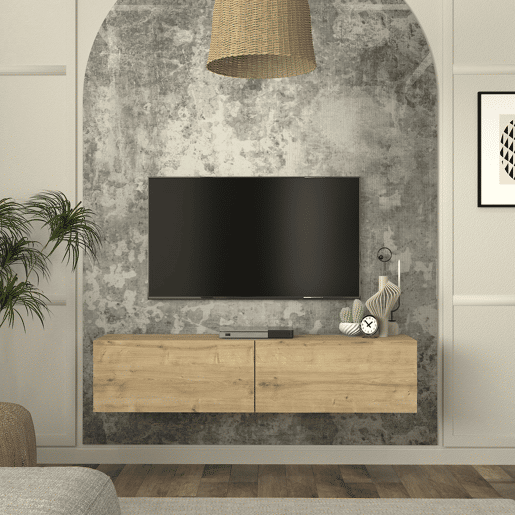 Mesa baixa para TV suspensa Nolven com 2 portas 135x32x30 cm aspeto carvalho en.casa