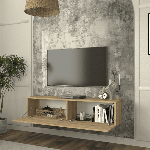 Mesa baixa para TV suspensa Nolven com 2 portas 135x32x30 cm aspeto carvalho en.casa