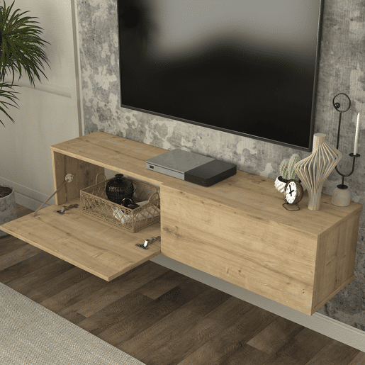 Mesa baixa para TV suspensa Nolven com 2 portas 135x32x30 cm aspeto carvalho en.casa