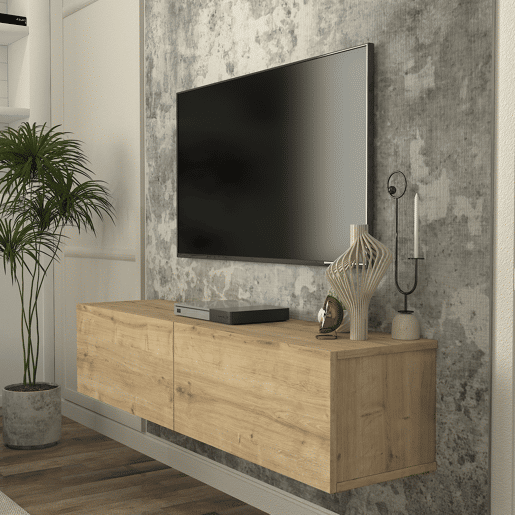 Mesa baixa para TV suspensa Nolven com 2 portas 135x32x30 cm aspeto carvalho en.casa