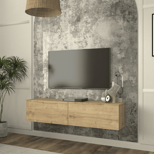Mesa baixa para TV suspensa Nolven com 2 portas 135x32x30 cm aspeto carvalho en.casa