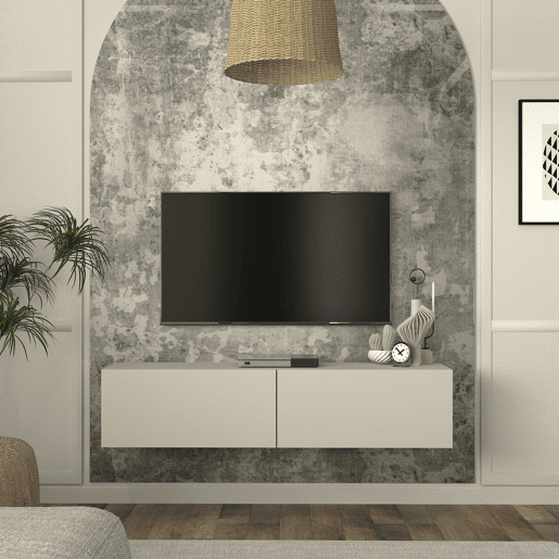 Mesa baixa para TV suspensa Nolven com 2 portas 135x32x30 cm Bege cinzento en.casa
