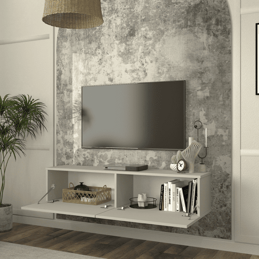 Mesa baixa para TV suspensa Nolven com 2 portas 135x32x30 cm Bege cinzento en.casa