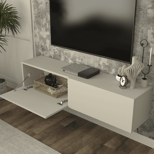 Mesa baixa para TV suspensa Nolven com 2 portas 135x32x30 cm Bege cinzento en.casa