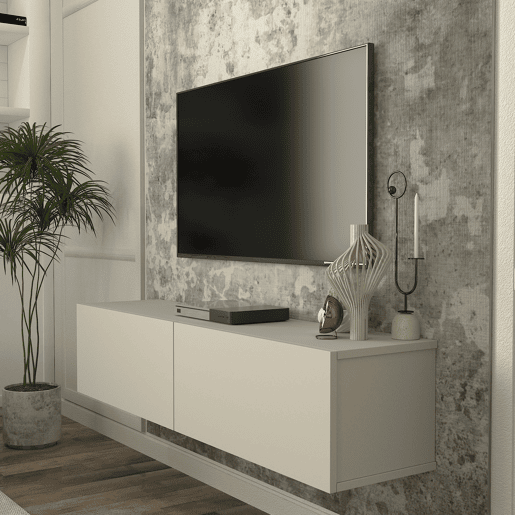 Mesa baixa para TV suspensa Nolven com 2 portas 135x32x30 cm Bege cinzento en.casa