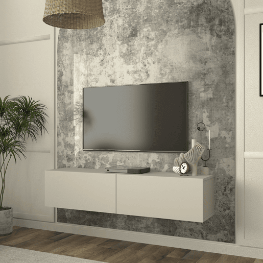 Mesa baixa para TV suspensa Nolven com 2 portas 135x32x30 cm Bege cinzento en.casa