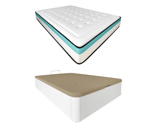 Pack colchón viscoelástico bio max + canapé madera abatible 150x190 con montaje, color blanco