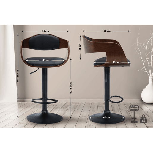 Conjunto de 2 banquetas altas com pés em metal preto em formato de trombeta e assentos em madeira marrom e imitação de couro preto TDB10764