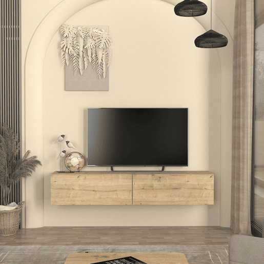 Mesa baixa para TV suspensa Nolven com 2 portas 160x32x30 cm aspeto carvalho en.casa