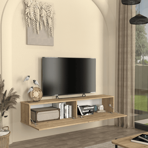 Mesa baixa para TV suspensa Nolven com 2 portas 160x32x30 cm aspeto carvalho en.casa