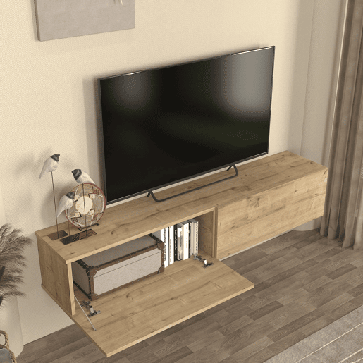 Mesa baixa para TV suspensa Nolven com 2 portas 160x32x30 cm aspeto carvalho en.casa