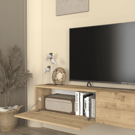 Mesa baixa para TV suspensa Nolven com 2 portas 160x32x30 cm aspeto carvalho en.casa