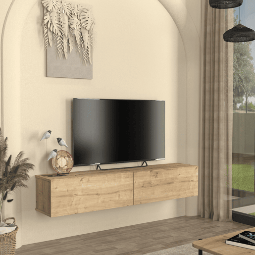 Mesa baixa para TV suspensa Nolven com 2 portas 160x32x30 cm aspeto carvalho en.casa
