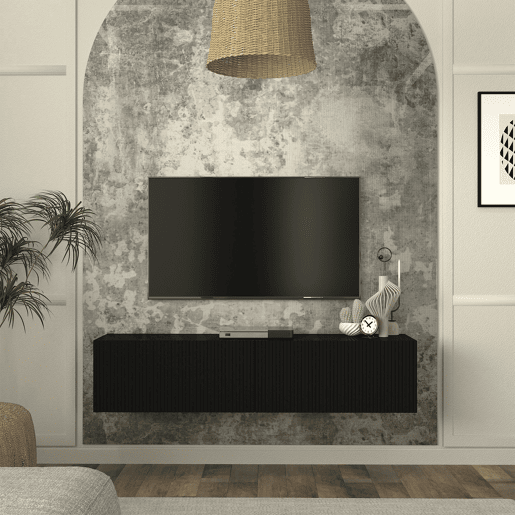 Mesa baixa para TV suspensa Verpsboga com 2 portas 135x32x30 cm Preto en.casa