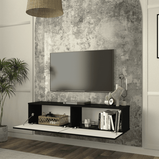 Mesa baixa para TV suspensa Verpsboga com 2 portas 135x32x30 cm Preto en.casa