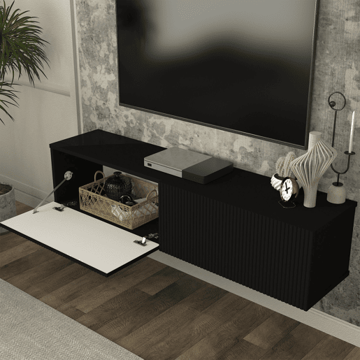 Mesa baixa para TV suspensa Verpsboga com 2 portas 135x32x30 cm Preto en.casa