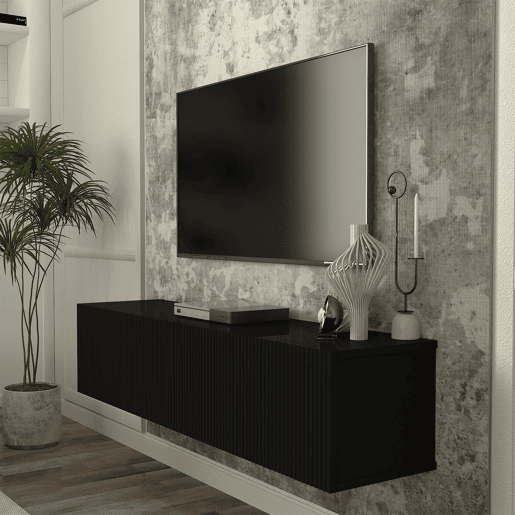 Mesa baixa para TV suspensa Verpsboga com 2 portas 135x32x30 cm Preto en.casa