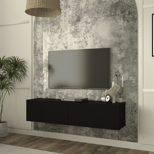 Mesa baixa para TV suspensa Verpsboga com 2 portas 135x32x30 cm Preto en.casa