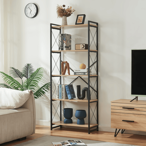 Estante de pé Skørping 5 prateleiras metal 160x65x30cm Preto  Efeito carvalho en.casa