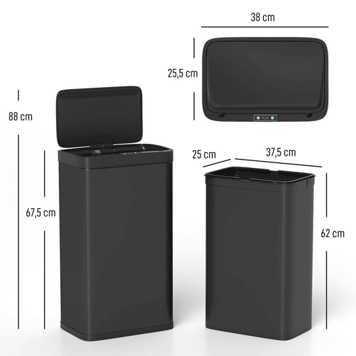 HOMCOM Balde do Lixo de Cozinha Automático 45 L Caixote de Cozinha de Metal com Sensor Infravermelho Fecho Suave Recipiente Interior Removível Anti-impressões Digitais para Escritório Casa 38x25,5x67,5 cm Preto