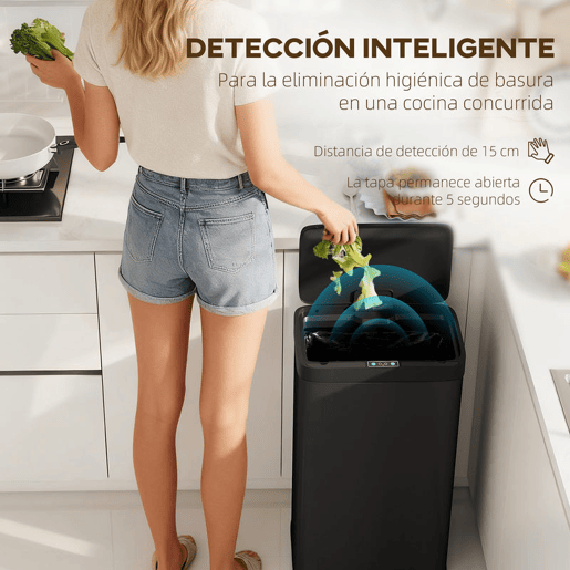 HOMCOM Balde do Lixo de Cozinha Automático 45 L Caixote de Cozinha de Metal com Sensor Infravermelho Fecho Suave Recipiente Interior Removível Anti-impressões Digitais para Escritório Casa 38x25,5x67,5 cm Preto