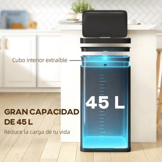 HOMCOM Balde do Lixo de Cozinha Automático 45 L Caixote de Cozinha de Metal com Sensor Infravermelho Fecho Suave Recipiente Interior Removível Anti-impressões Digitais para Escritório Casa 38x25,5x67,5 cm Preto