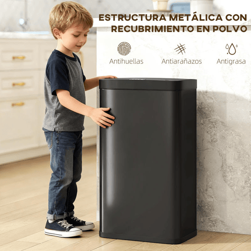 HOMCOM Balde do Lixo de Cozinha Automático 45 L Caixote de Cozinha de Metal com Sensor Infravermelho Fecho Suave Recipiente Interior Removível Anti-impressões Digitais para Escritório Casa 38x25,5x67,5 cm Preto
