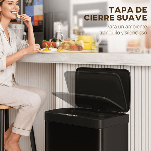 HOMCOM Balde do Lixo de Cozinha Automático 45 L Caixote de Cozinha de Metal com Sensor Infravermelho Fecho Suave Recipiente Interior Removível Anti-impressões Digitais para Escritório Casa 38x25,5x67,5 cm Preto